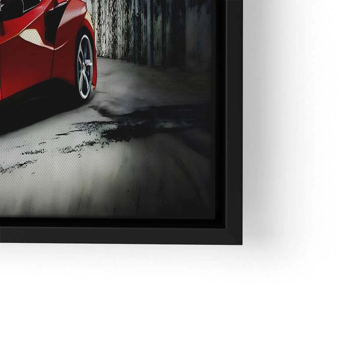 Modernes Wandbild mit rotem Sportwagen, Graffiti-Hintergrund, schwarzer Rahmen