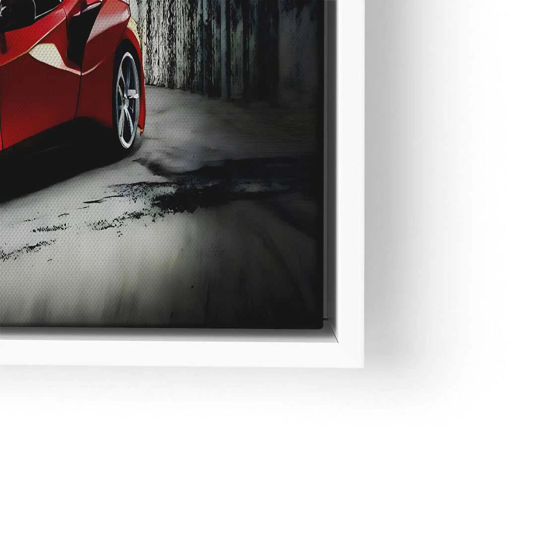 Modernes Wandbild mit rotem Sportwagen vor grauer urbaner Kulisse, Kunst auf Leinwand