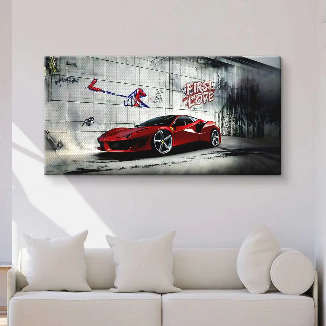 Modernes Wandbild mit rotem Sportwagen und Graffiti 'First Love' auf Leinwand im Wohnzimmer