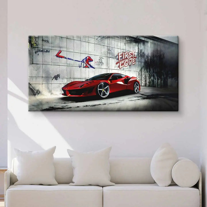 Modernes Wandbild mit rotem Sportwagen und Graffiti 'First Love' auf Leinwand im Wohnzimmer