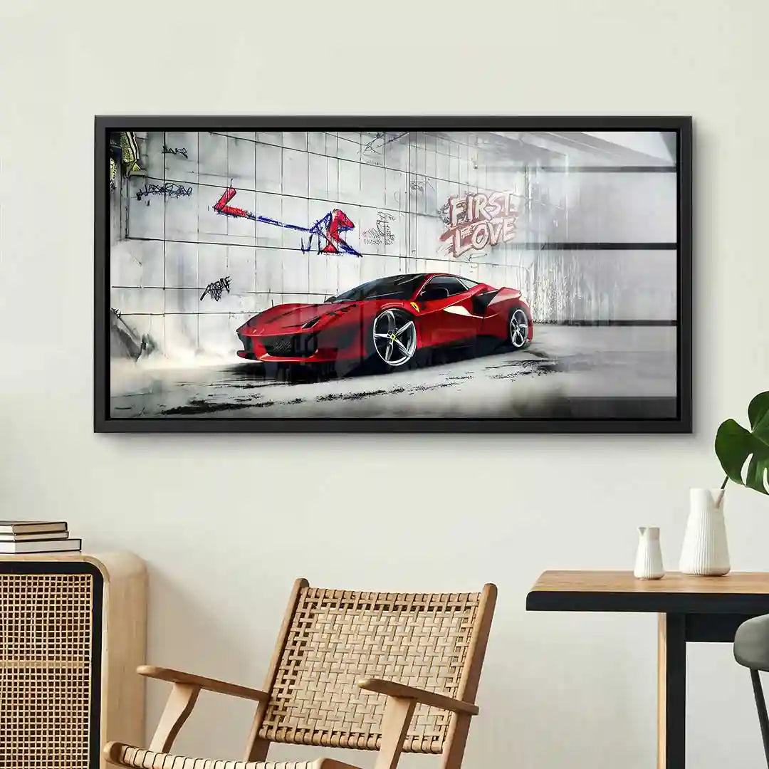 Modernes Wandbild mit rotem Sportwagen und Graffiti in urbaner Kulisse, Wohnzimmerdeko
