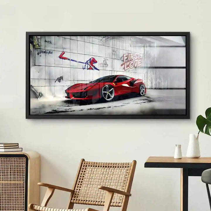 Modernes Wandbild mit rotem Sportwagen und Graffiti in urbaner Kulisse, Wohnzimmerdeko