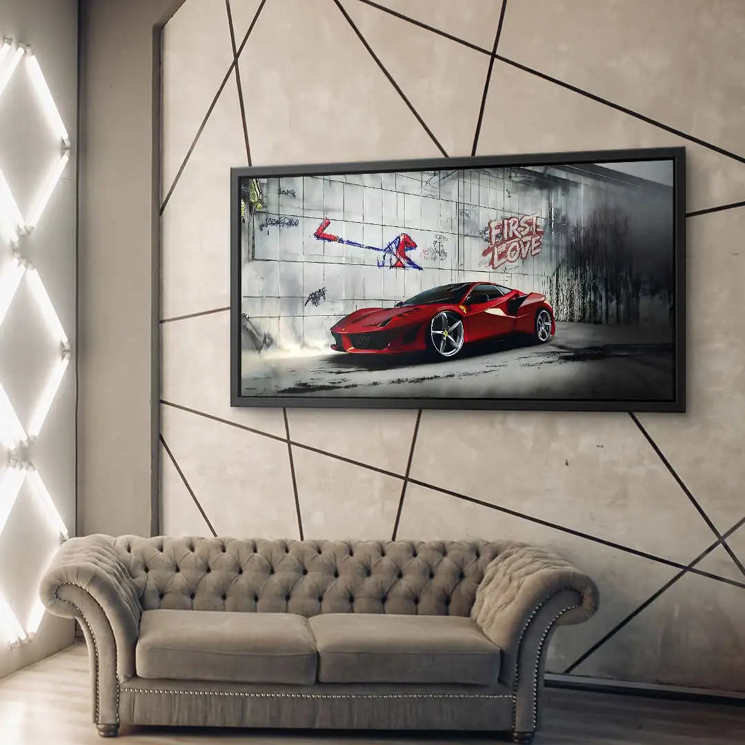 Modernes Wandbild mit rotem Sportwagen, Graffiti und Schriftzug 'First Love' im Wohnzimmer