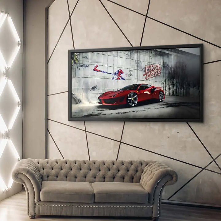 Modernes Wandbild mit rotem Sportwagen, Graffiti und Schriftzug 'First Love' im Wohnzimmer