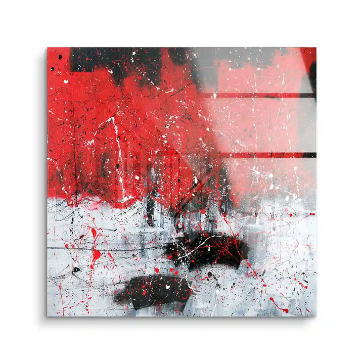 Abstraktes Wandbild in Rot, Schwarz und Weiß mit dynamischen Farbspritzern und Linien