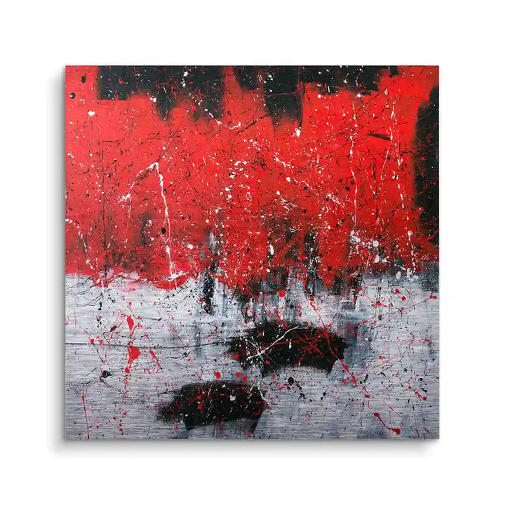 Abstraktes Wandbild in Rot, Schwarz und Grau mit dynamischen Farbspritzern, modernes Kunstwerk