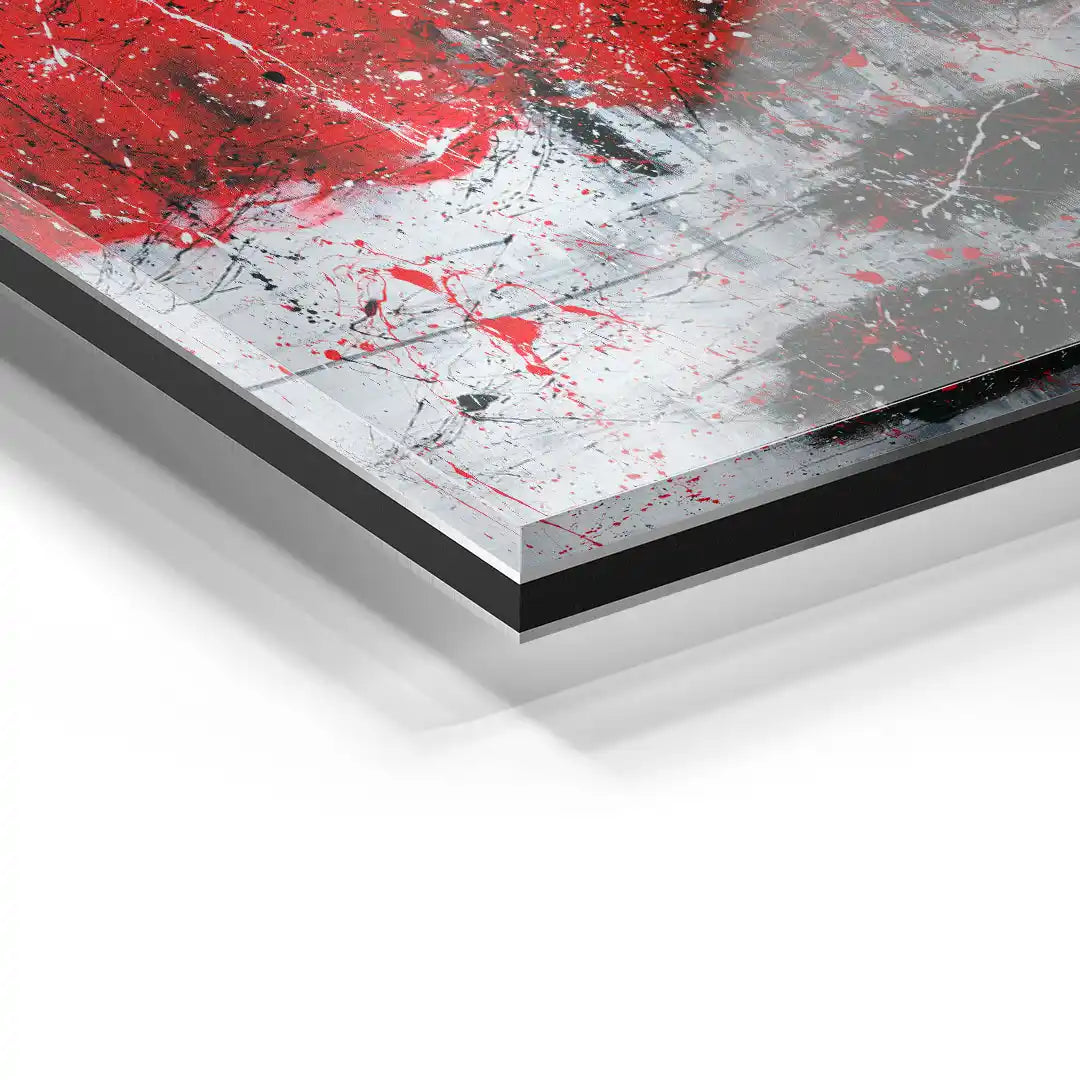 Acrylglas Wandbild mit abstrakter Kunst in Rot, Weiß und Schwarz, Detailansicht der Kante