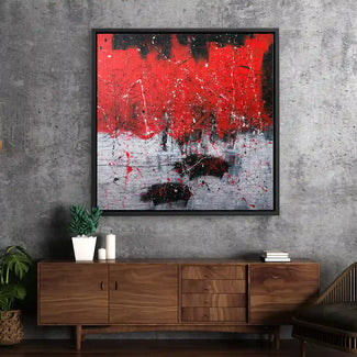 Modernes abstraktes Wandbild in Rot, Schwarz und Weiß in Wohnzimmer an Betonwand, Kunstbild