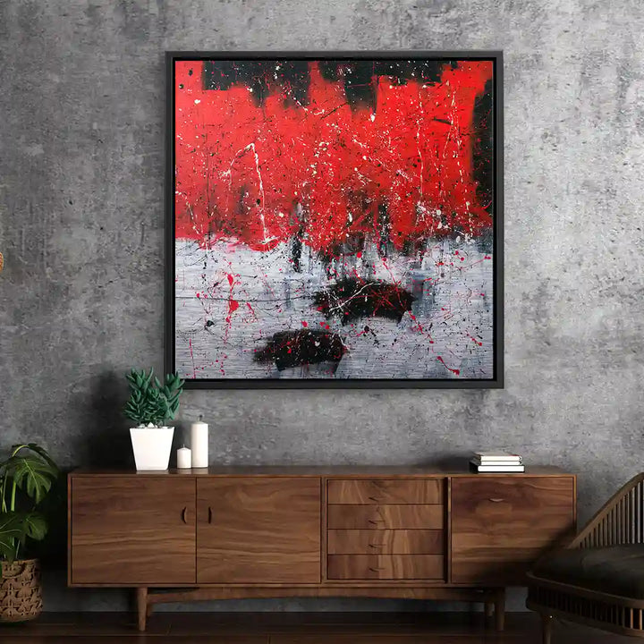 Modernes abstraktes Wandbild in Rot, Schwarz und Weiß in Wohnzimmer an Betonwand, Kunstbild