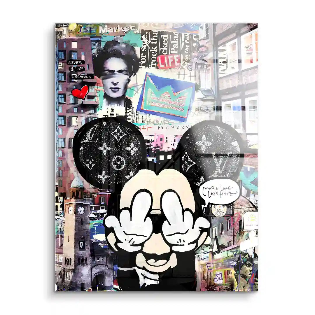 Modernes Wandbild im Pop Art Stil mit Hamburg Motiv, Graffiti, Collage-Elementen und Cartoonfigur