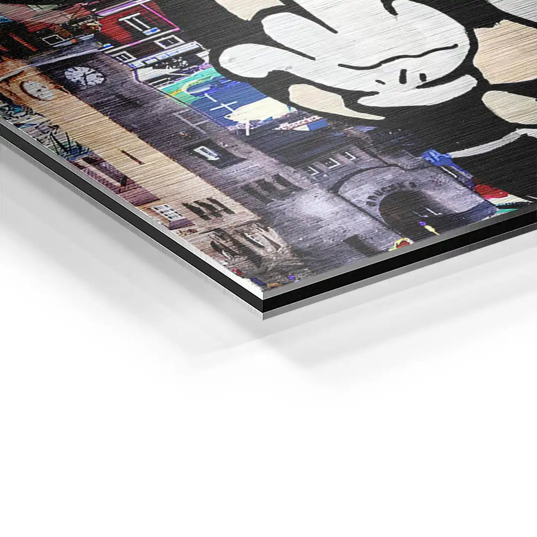 Detailansicht Aluminium Wandbild Hamburg Collage mit moderner Kunst und Comic-Elementen