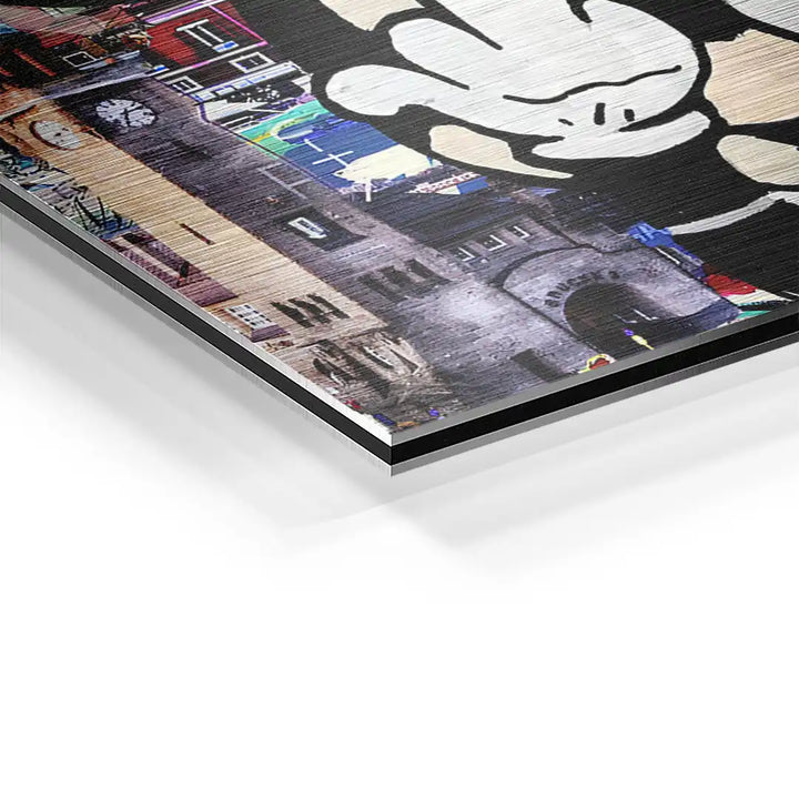 Detailansicht Aluminium Wandbild Hamburg Collage mit moderner Kunst und Comic-Elementen