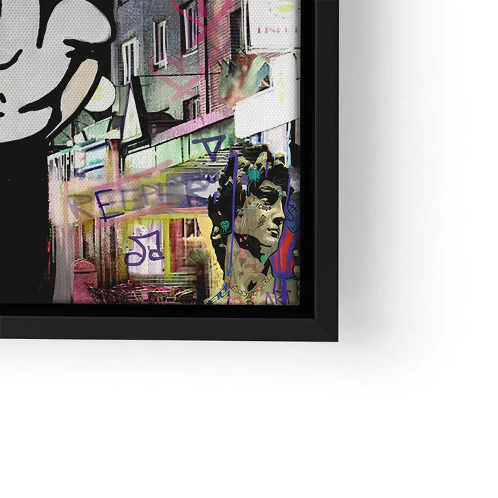 Modernes Wandbild mit Hamburger Stadtmotiv, Graffiti, Skulptur und bunten Akzenten im schwarzen Rahmen
