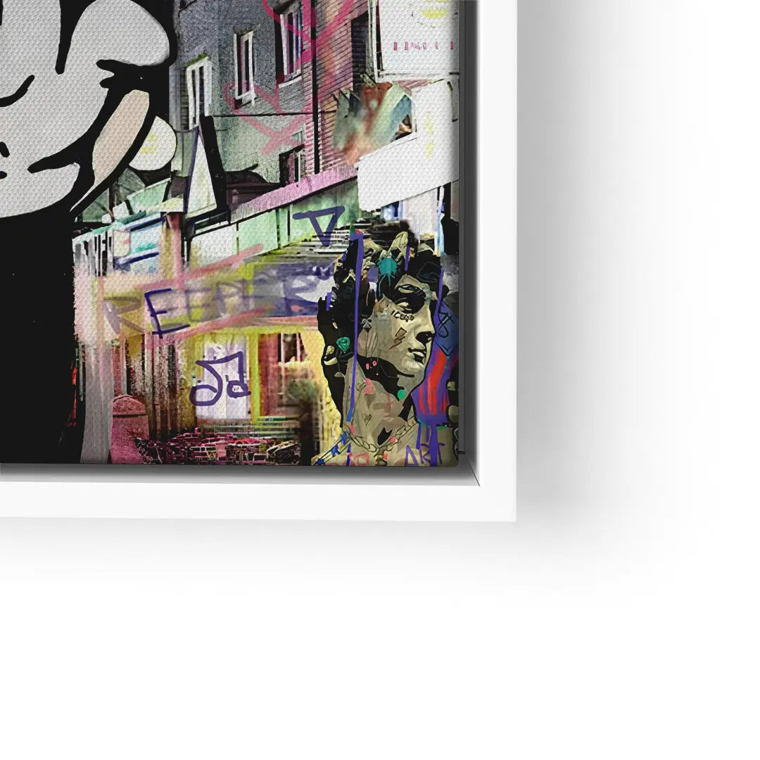 Modernes Wandbild mit Hamburger Stadtansicht, Graffiti und David-Statue im Pop Art Stil