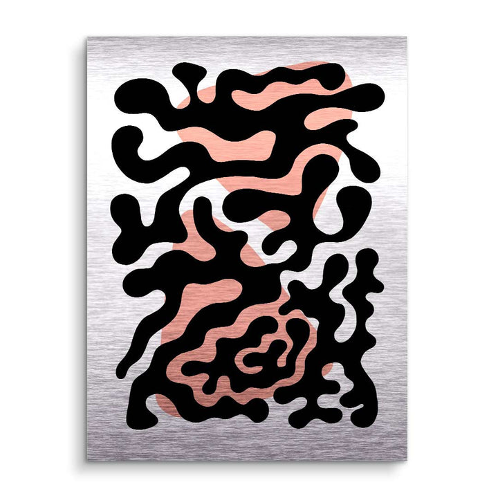 Modernes Wandbild mit abstraktem schwarzen Muster und rosa Akzent auf gebürstetem Metall