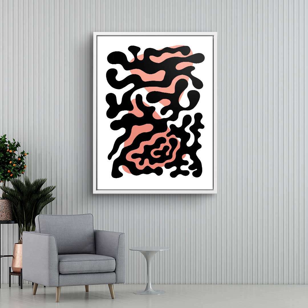 Abstraktes Wandbild mit schwarz-rosa organischen Formen, modern im Wohnzimmer dekoriert