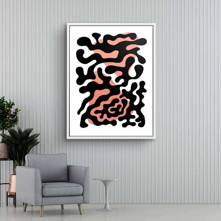 Abstraktes Wandbild mit schwarz-rosa organischen Formen, modern im Wohnzimmer dekoriert