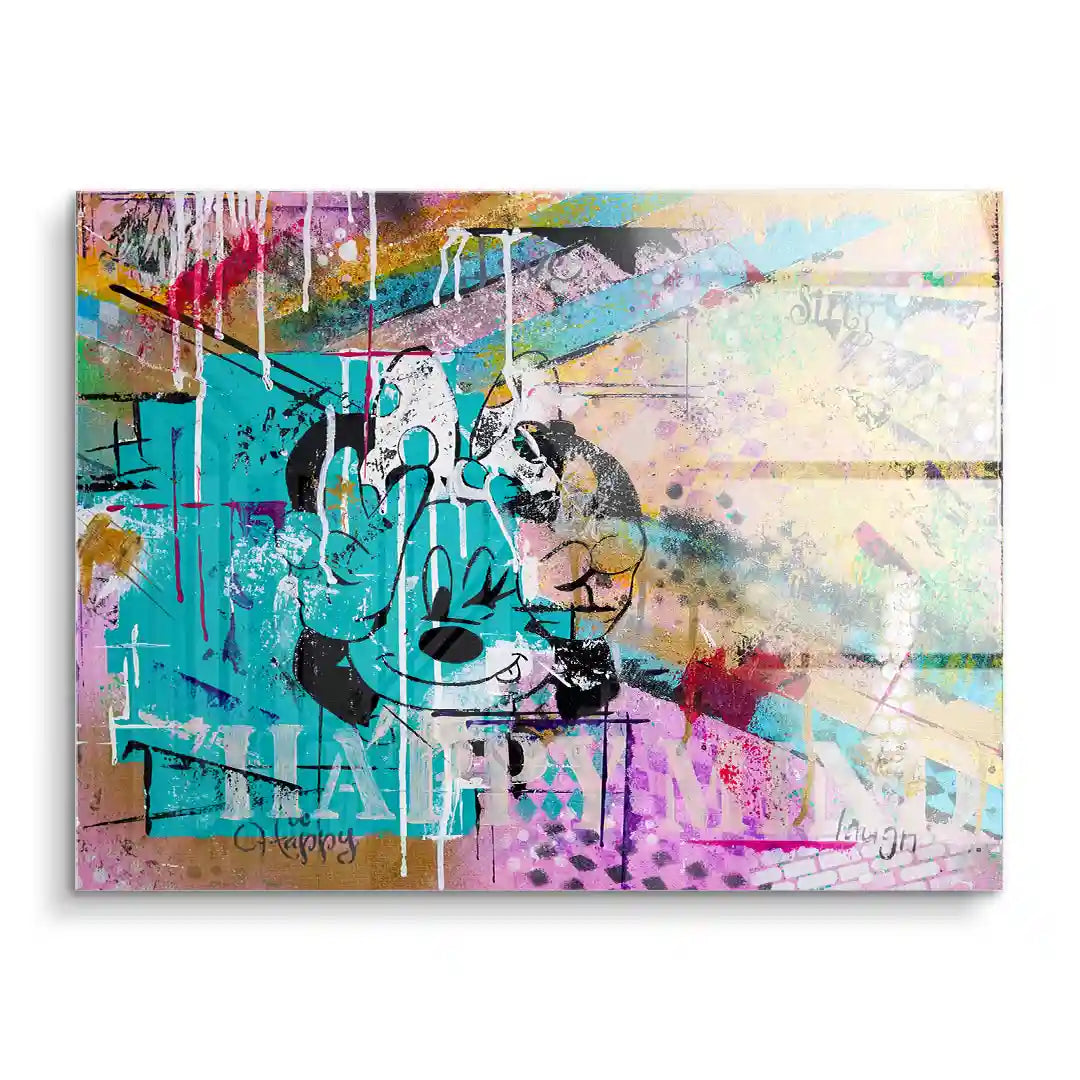 Buntes Acryl-Wandbild im Pop Art Stil mit Comicfigur und abstrakten Farbverläufen