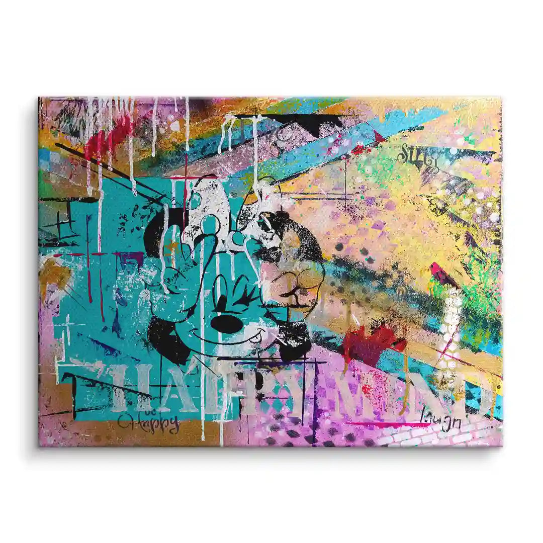 Buntes Wandbild auf Leinwand im Pop-Art Stil mit Comicfigur und Schriftzug Happy Mind