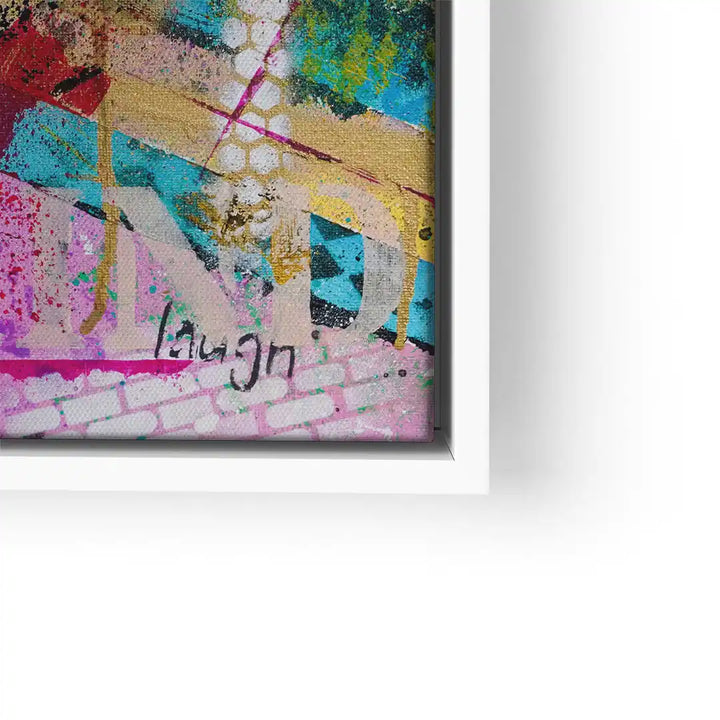 Modernes Wandbild mit bunten abstrakten Mustern, Text und weißen Rahmen, Street-Art-Stil
