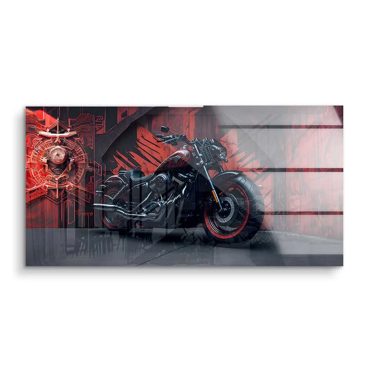 Modernes Wandbild mit schwarzem Motorrad auf rotem, industriellem Hintergrund, Acrylglas