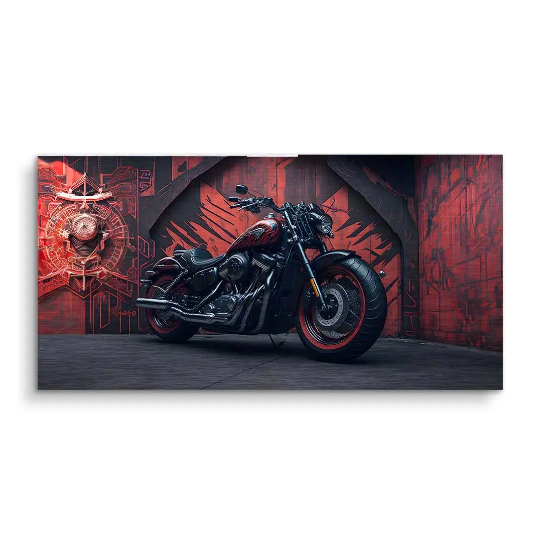 Modernes Wandbild mit schwarzem Motorrad vor rotem, industriellem Hintergrund