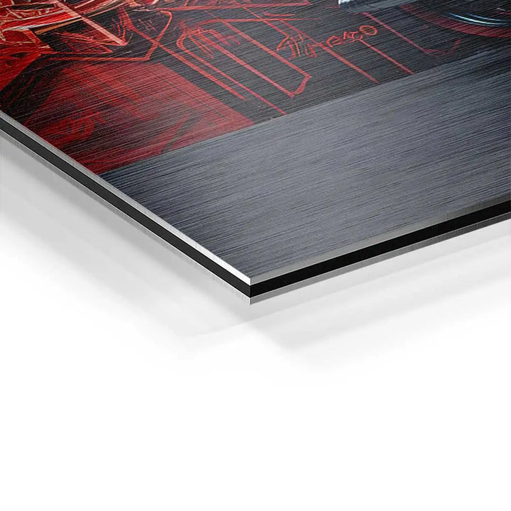 Detailansicht Wandbild auf gebürstetem Aluminium mit roten und schwarzen Kunstmotiven