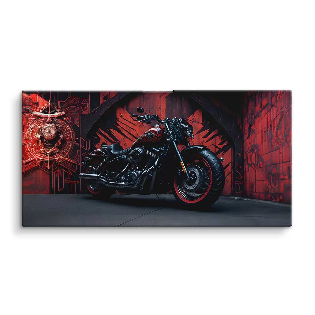 Wandbild mit schwarzem Motorrad vor rotem, künstlerischem Wandhintergrund, modern, Kunstbild