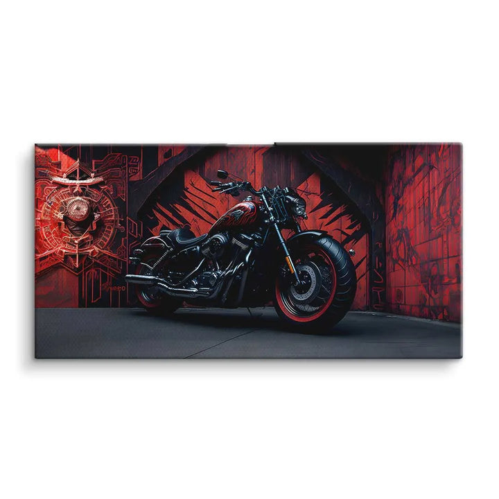 Wandbild mit schwarzem Motorrad vor rotem, künstlerischem Wandhintergrund, modern, Kunstbild