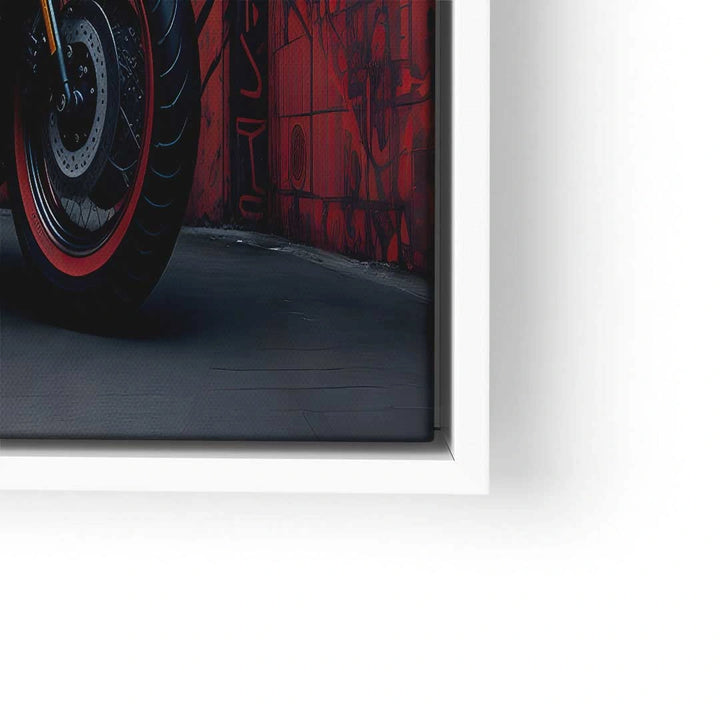 Modernes Wandbild mit Motorrad-Design, schwarzes Bike vor urbaner Graffiti-Wand.
