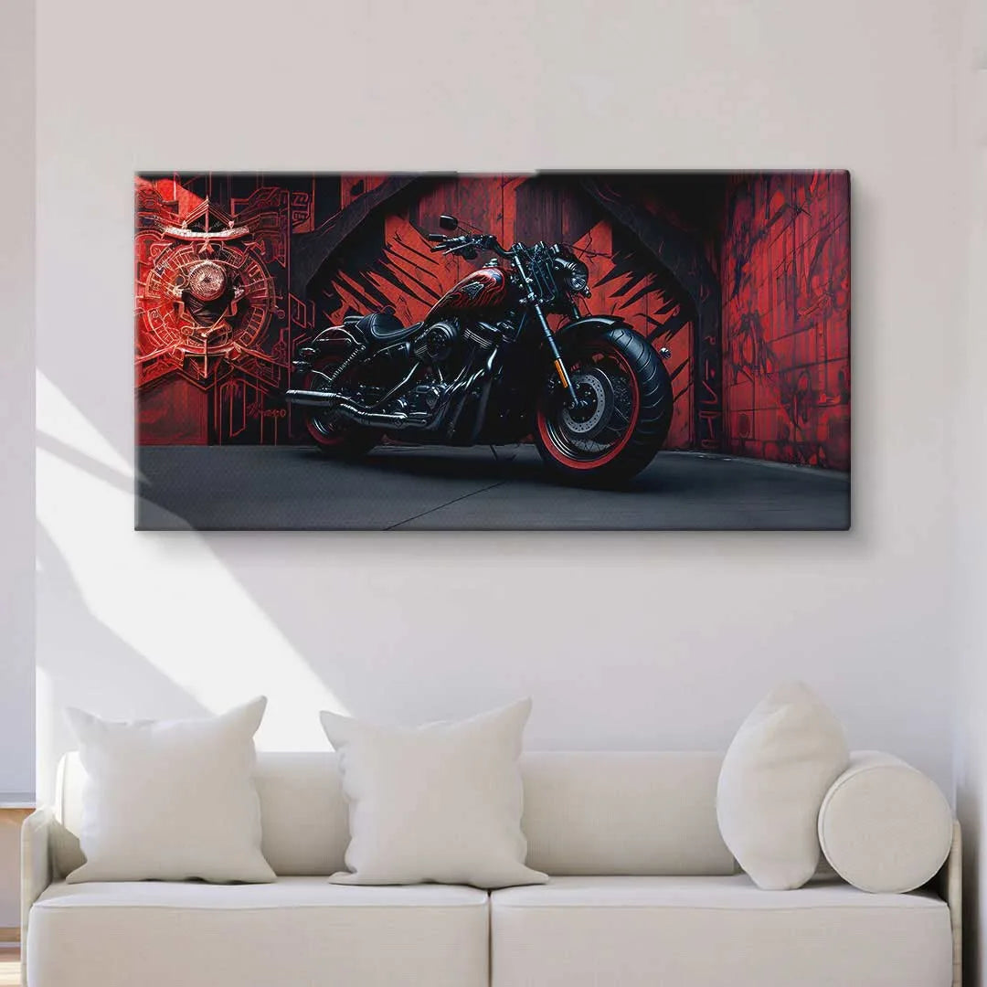 Modernes Wandbild mit Motorrad im schwarzen und roten Design vor urbaner Kulisse im Wohnzimmer