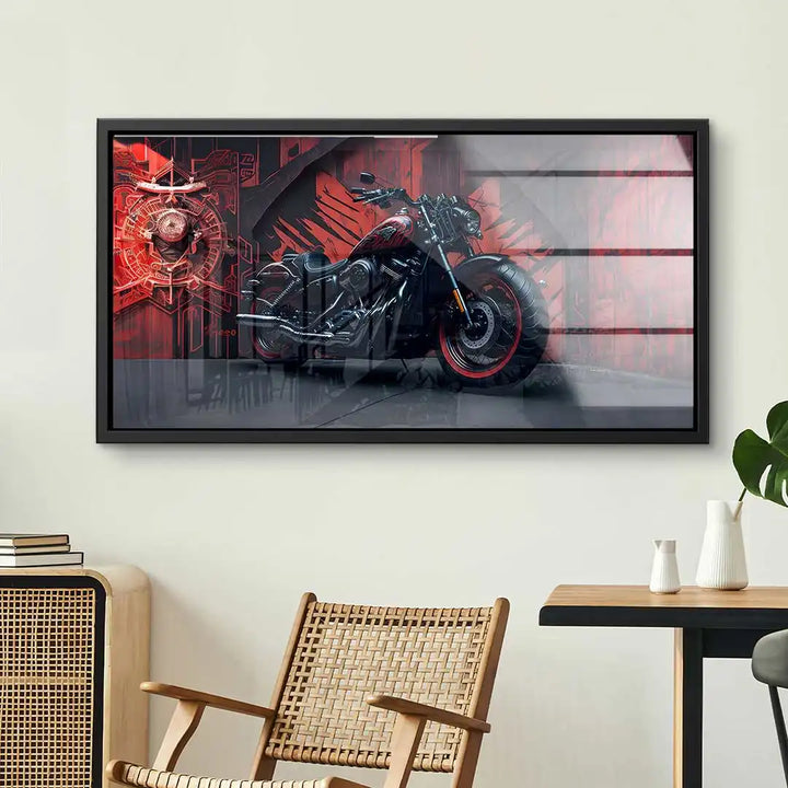 Modernes Wandbild mit schwarzem Motorrad und roten grafischen Elementen im Wohnzimmer