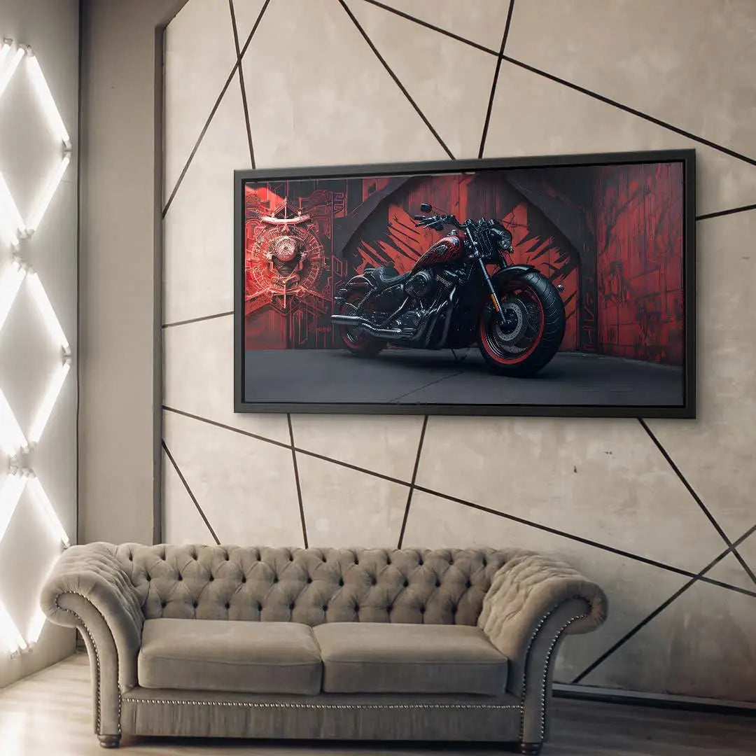 Modernes Wohnzimmer mit Wandbild eines schwarzen Motorrads vor rotem, urbanem Hintergrund