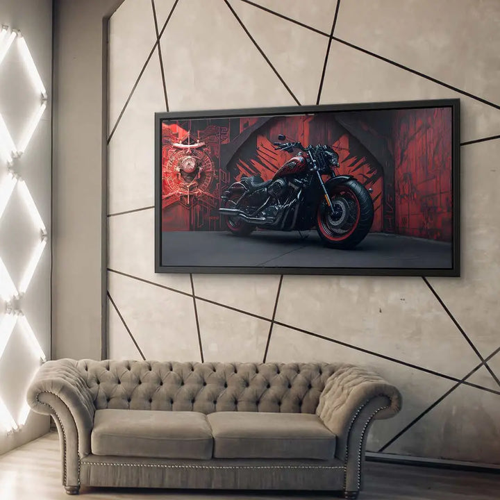 Modernes Wohnzimmer mit Wandbild eines schwarzen Motorrads vor rotem, urbanem Hintergrund