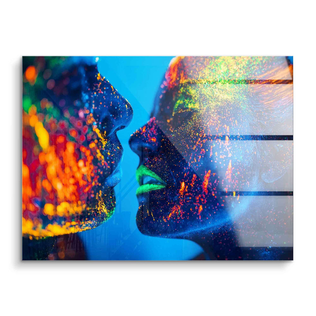 Modernes Wandbild mit zwei Gesichtern in Neonfarben auf Acrylglas, abstrakte Kunst