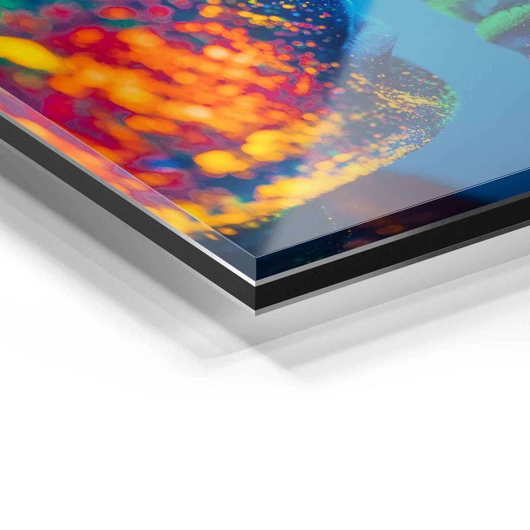 Detailansicht eines farbenfrohen Acrylglas-Wandbilds mit abstrakten bunten Lichtpunkten