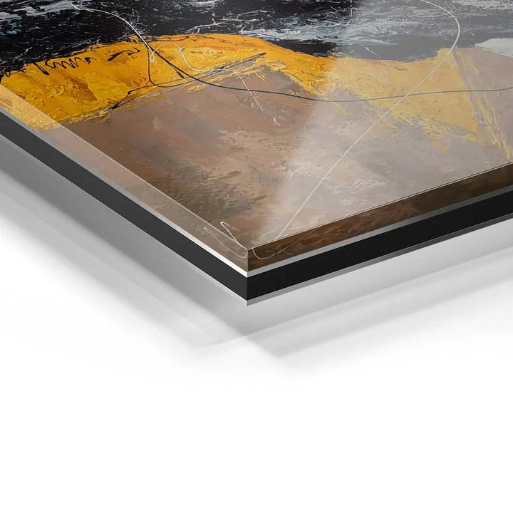 Detailansicht Acrylglas-Wandbild mit abstrakter gelber und schwarzer Kunst, moderne Optik