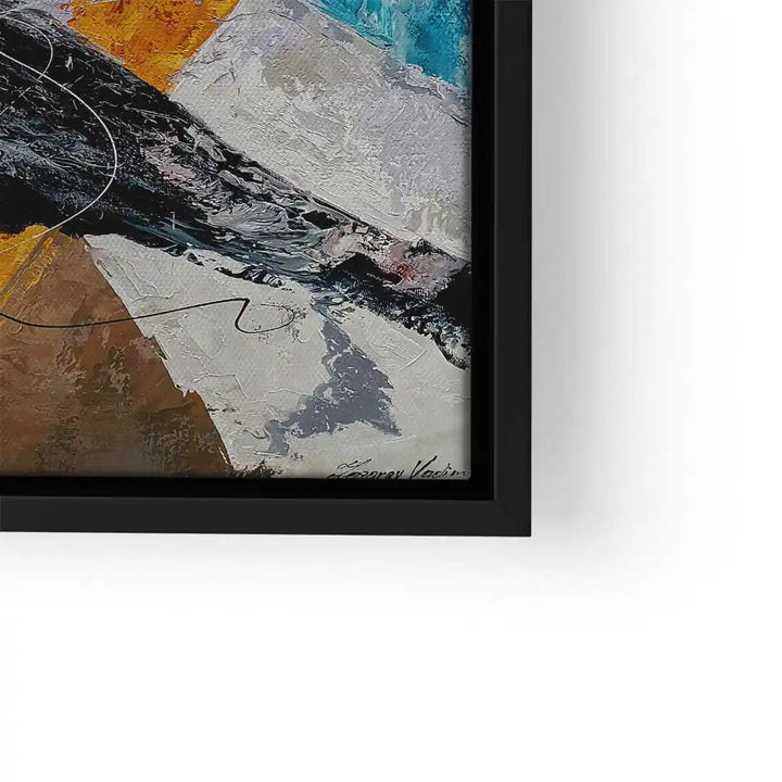 Abstraktes Wandbild mit Pinselstrichen in Gelb, Blau, Schwarz und Braun im modernen Stil