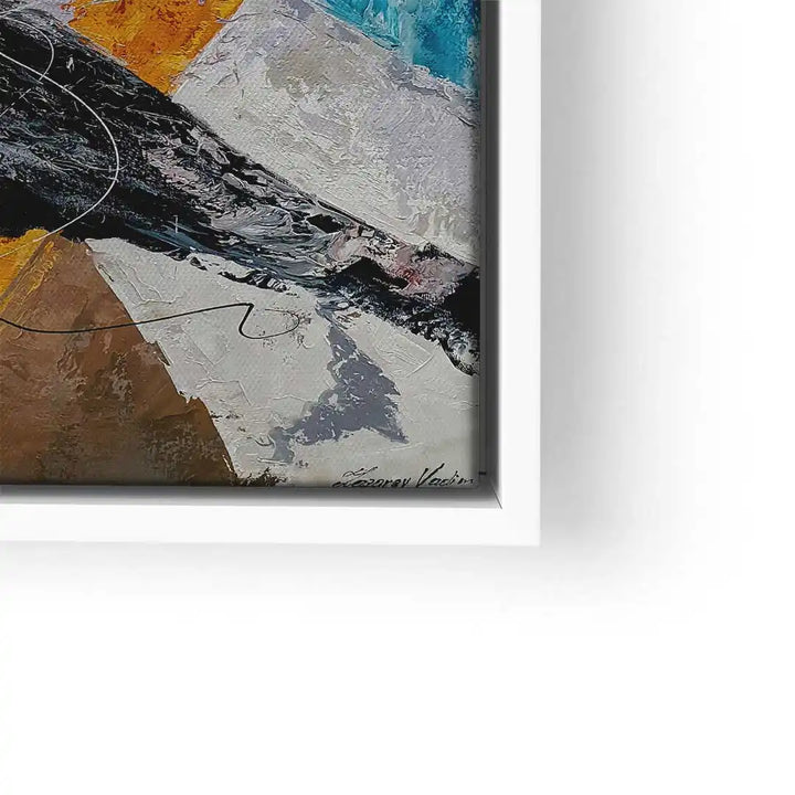 Modernes abstraktes Wandbild mit schwarzen, blauen und gelben Farbakzenten im weißen Rahmen.
