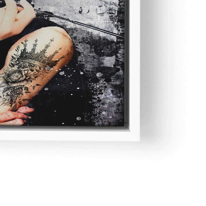 Modernes Wandbild mit Tattoo-Motiv, Krone und Blume im Schwarz-Weiß-Stil, Kunst Design