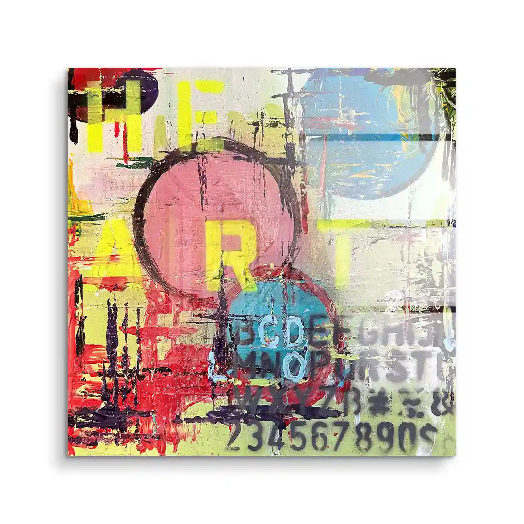 Modernes Acryl Wandbild mit Herz-Motiv, Farbkreisen, Gelb-Schrift und abstrakten Elementen