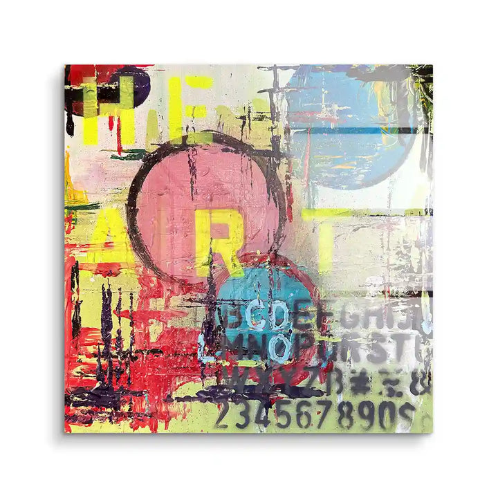Modernes Acryl Wandbild mit Herz-Motiv, Farbkreisen, Gelb-Schrift und abstrakten Elementen