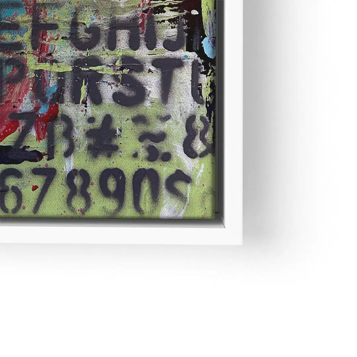 Modernes Wandbild mit buntem Herz, Buchstaben und Zahlen, abstrakte Kunst auf Leinwand