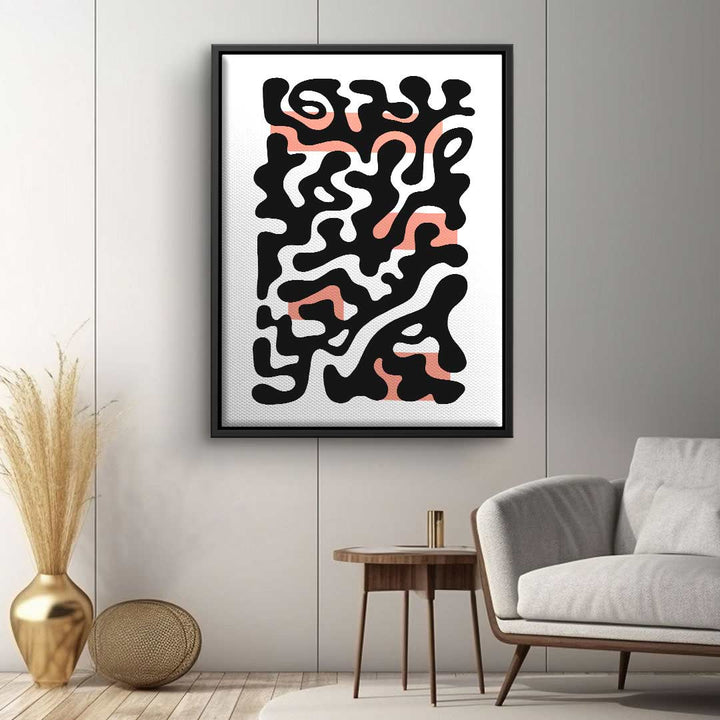 Abstraktes Wandbild mit schwarzen Linien und rosa Akzenten, modernes Wohnzimmerdekor