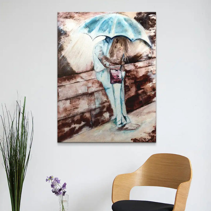 Modernes Wandbild mit Paar unter blauem Regenschirm an Mauer, Wohnzimmer Dekoration