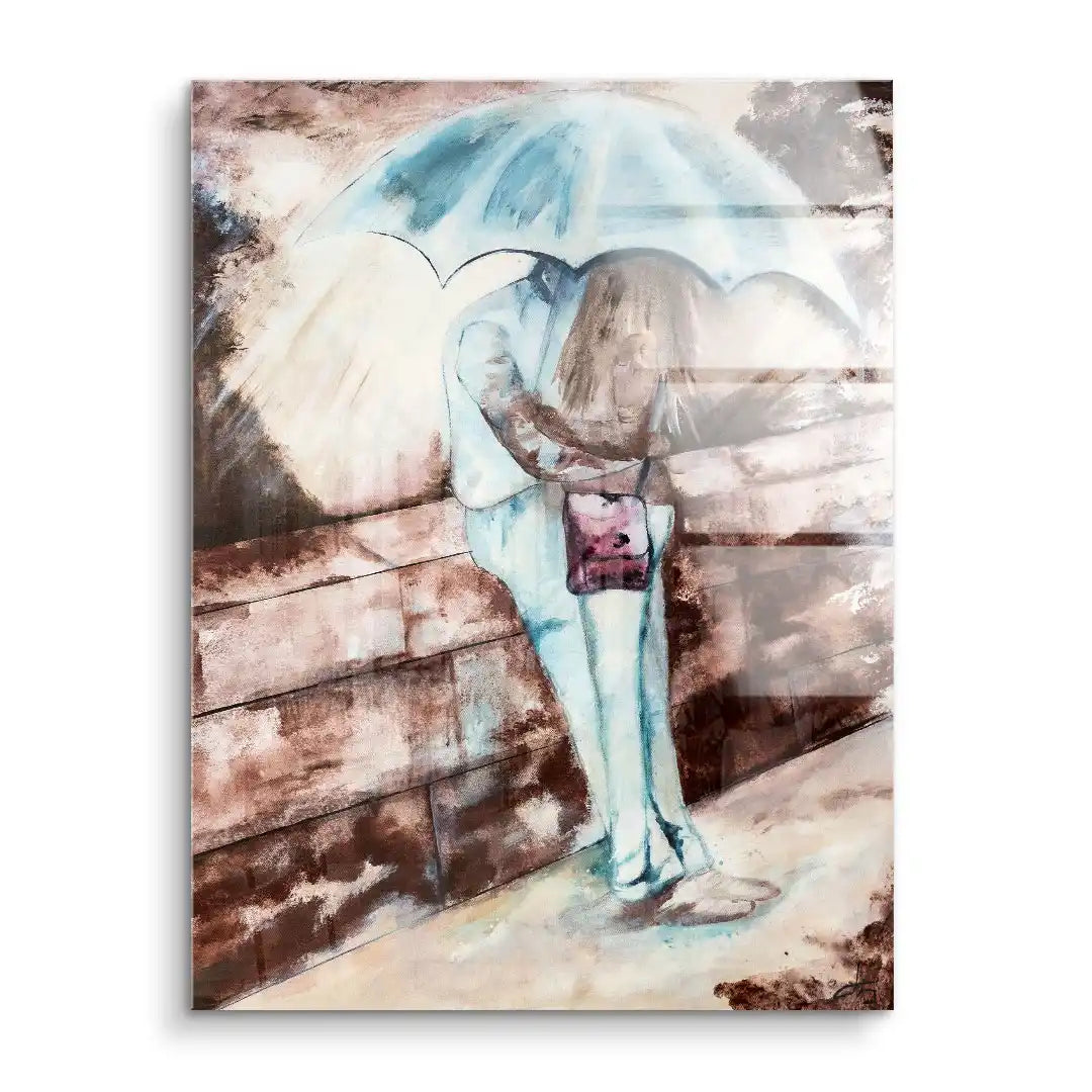 Acryl Wandbild Paar mit Regenschirm auf Bank, romantische Kunst in sanften Pastelltönen