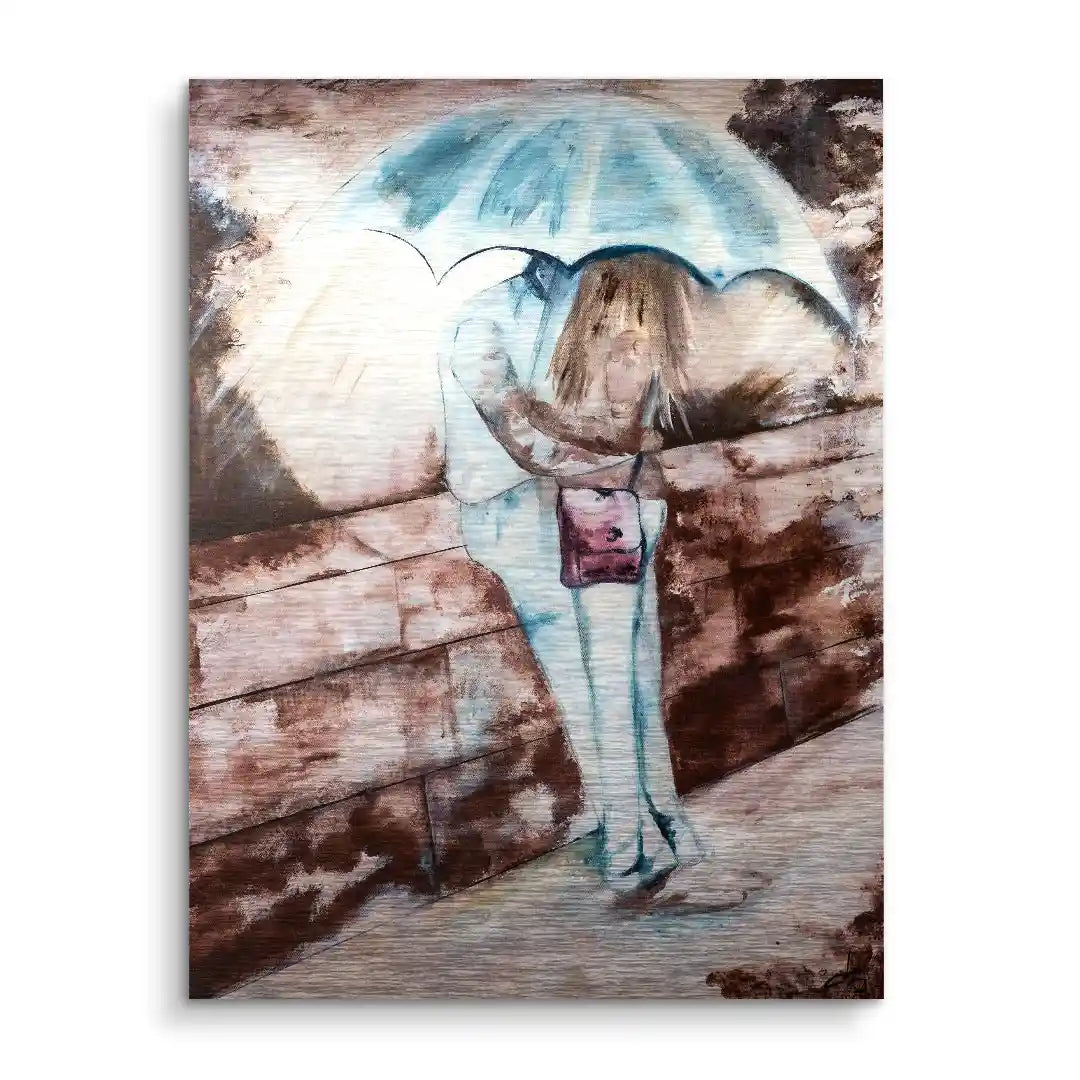 Abstraktes Wandbild: Umarmendes Paar mit Regenschirm auf Bank, moderne Kunst