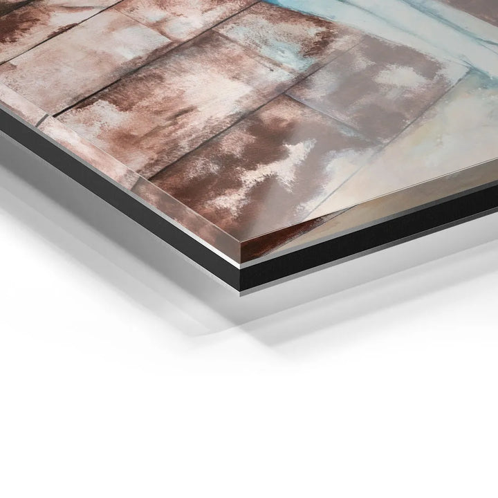 Detailansicht Acrylglas Wandbild, abstrakte Kunst mit braunen und blauen Farbtönen
