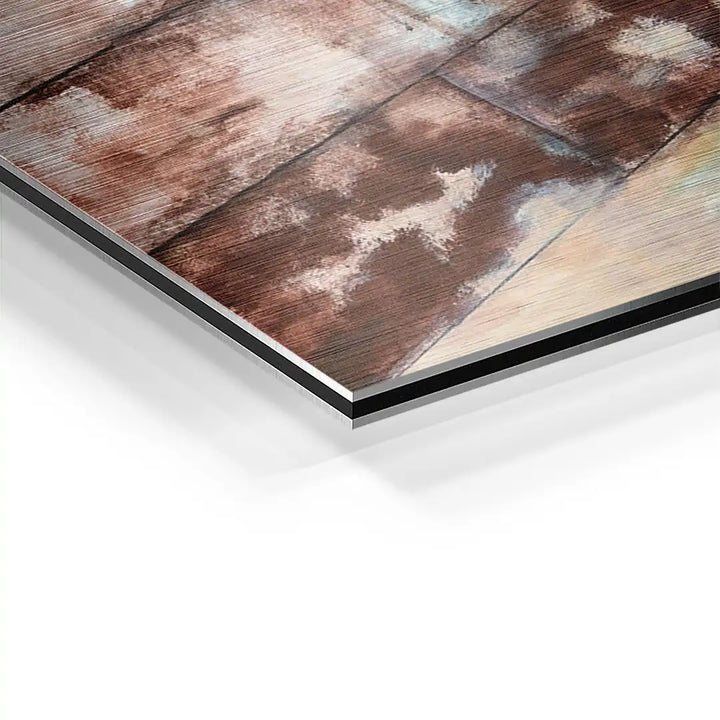 Detailaufnahme Wandbild auf Aluminium mit gebürsteter Oberfläche, abstraktes Kunstmotiv