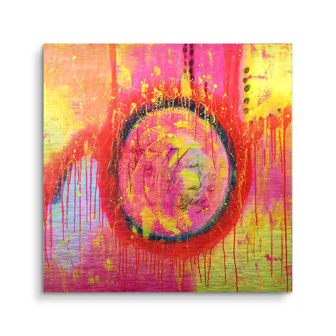 Buntes abstraktes Wandbild mit Kreismuster in Pink, Gelb und Orange, moderne Kunst